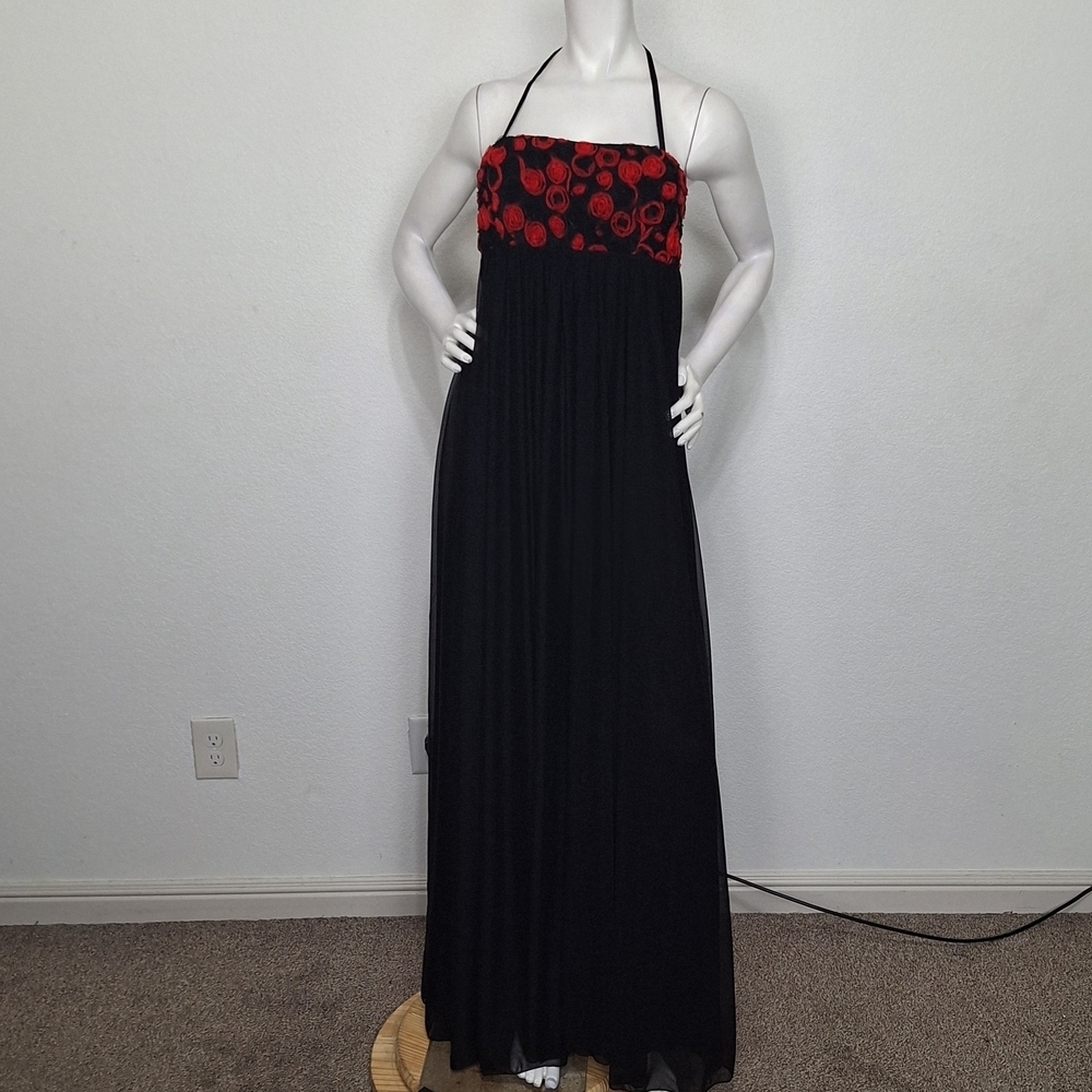 Monai NEW Floral Halter Nevk Mesh Overlay Romantic Whimsigoth Maxi Gown Dress S